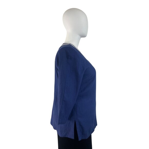 Carole Little Women’s Blue 3/4 Sleeve Top Embroidered Neckline Split Hem Sz 1X - Picture 3 of 9